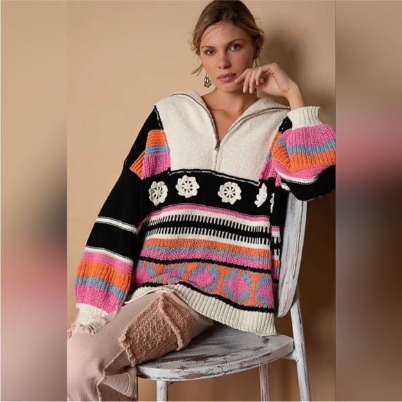 POL Womens High Collar Half Zip Oversized Color
Block Sweater Pink Black Sz M - Picture 6 of 12